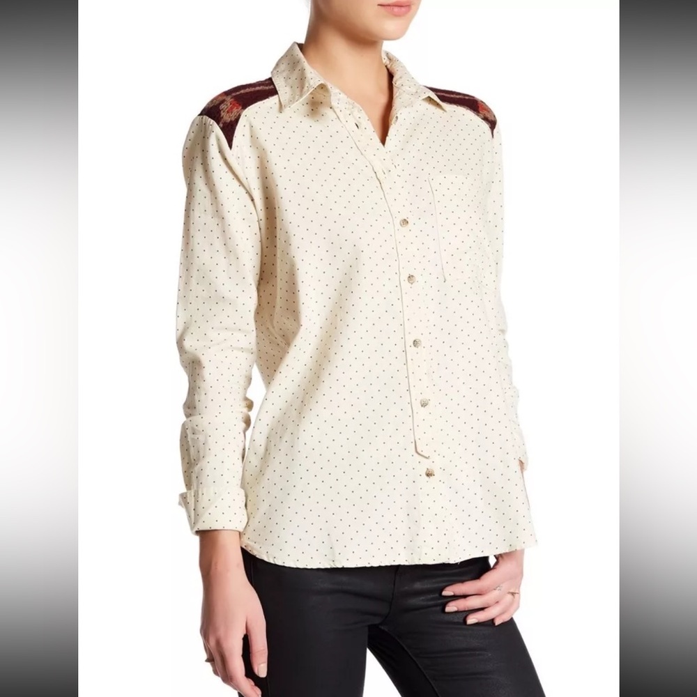 FREE PEOPLE SAGE BUTTON DOWN NORDIC SWEATER YOKE SHIRT Size Large
